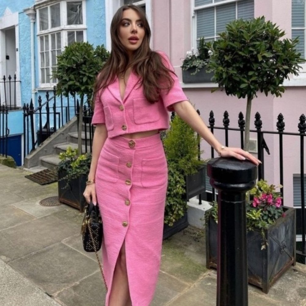 NWT pink Zara gold buttoned textured midi skirt - Picture 16 of 17